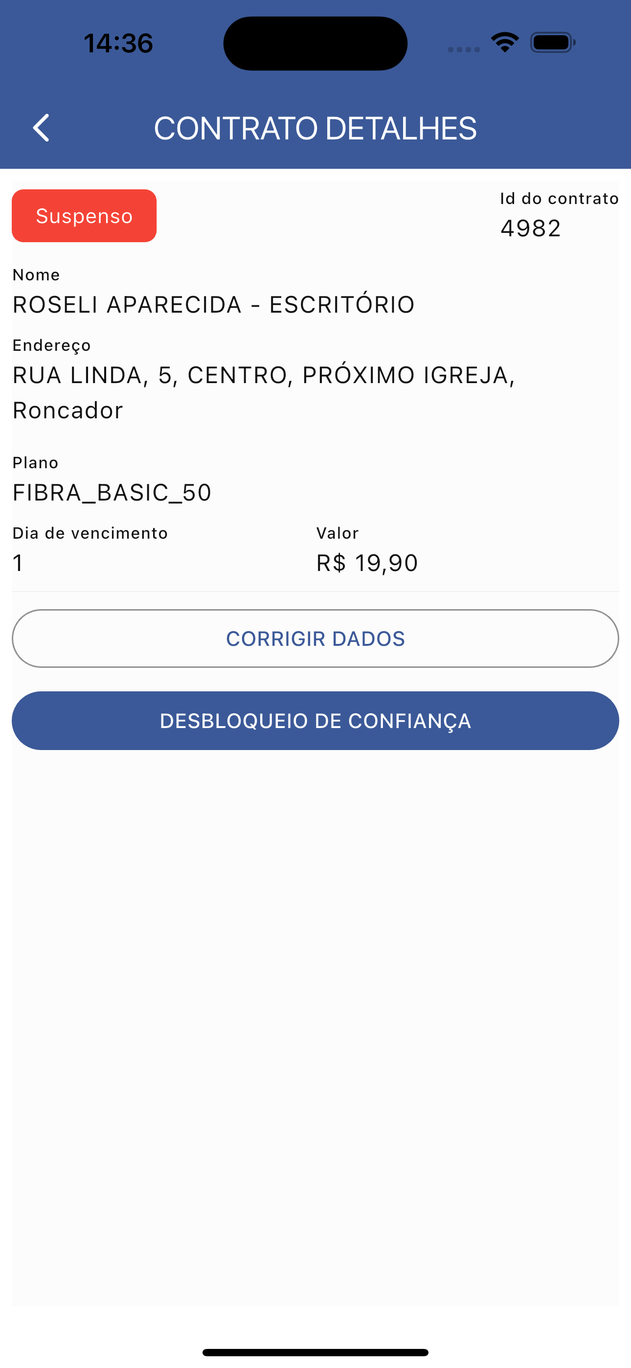 Detalhes do contrato e desbloqueio de confiança no app