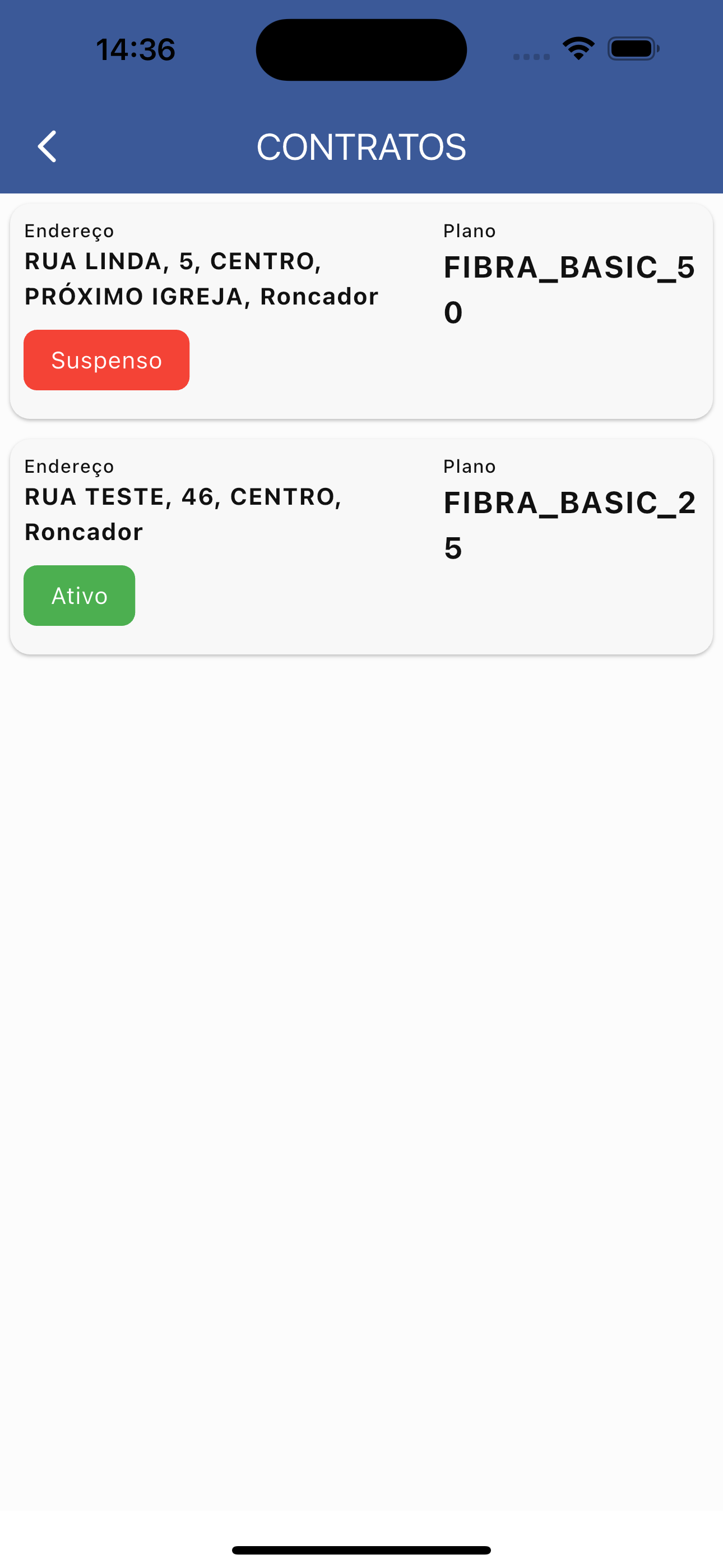 Lista de contratos do assinante no aplicativo