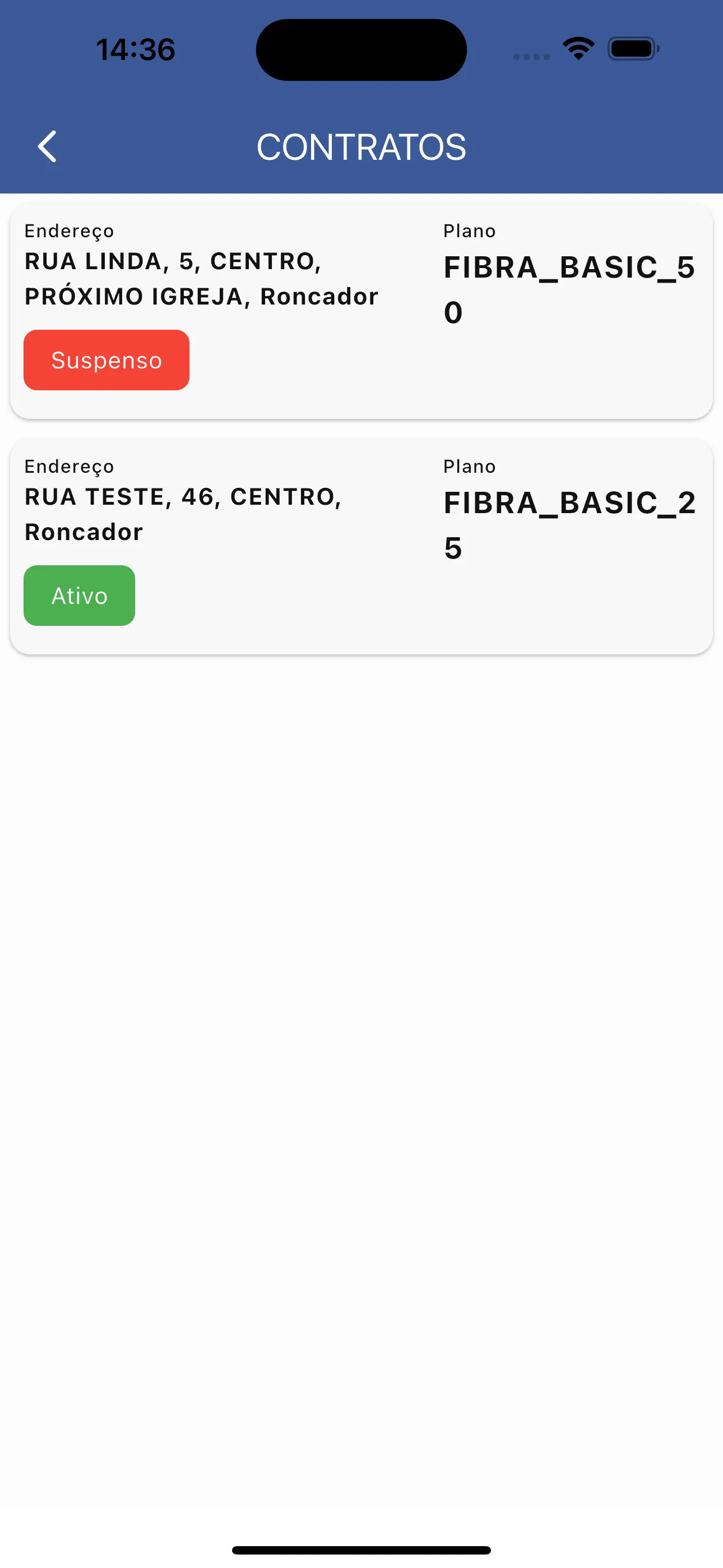 Lista de contratos do assinante no aplicativo