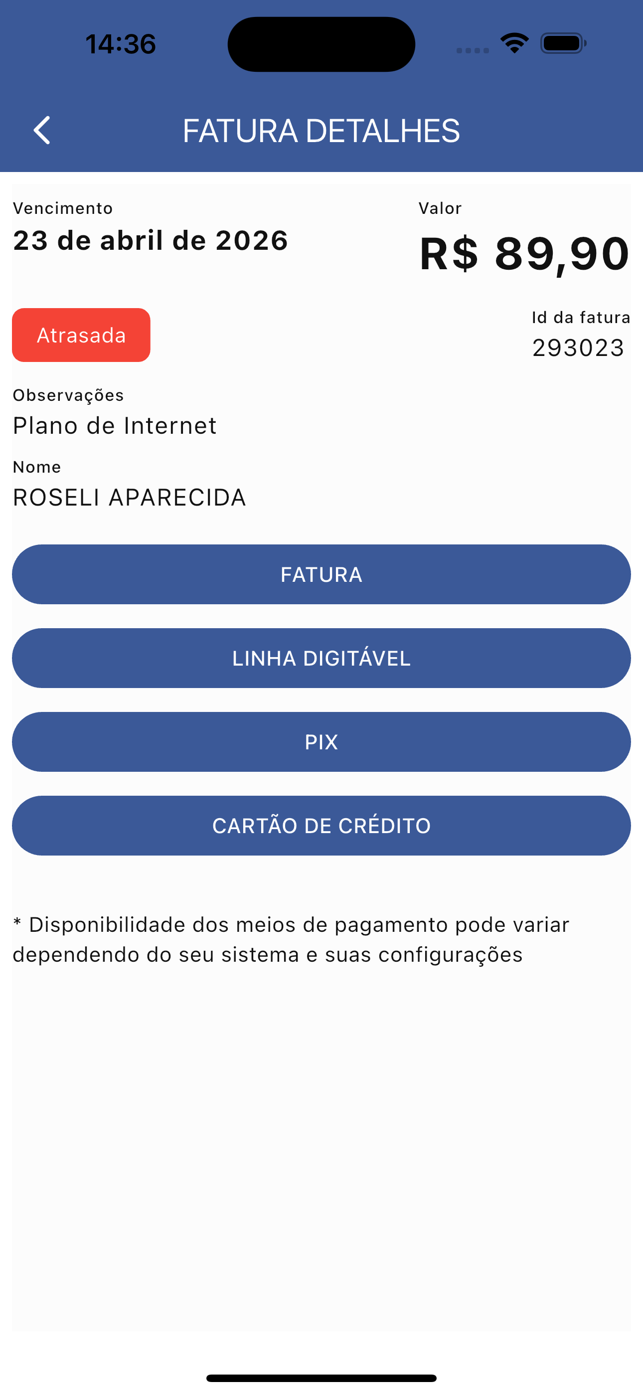 Detalhes da fatura com opções de pagamento no aplicativo