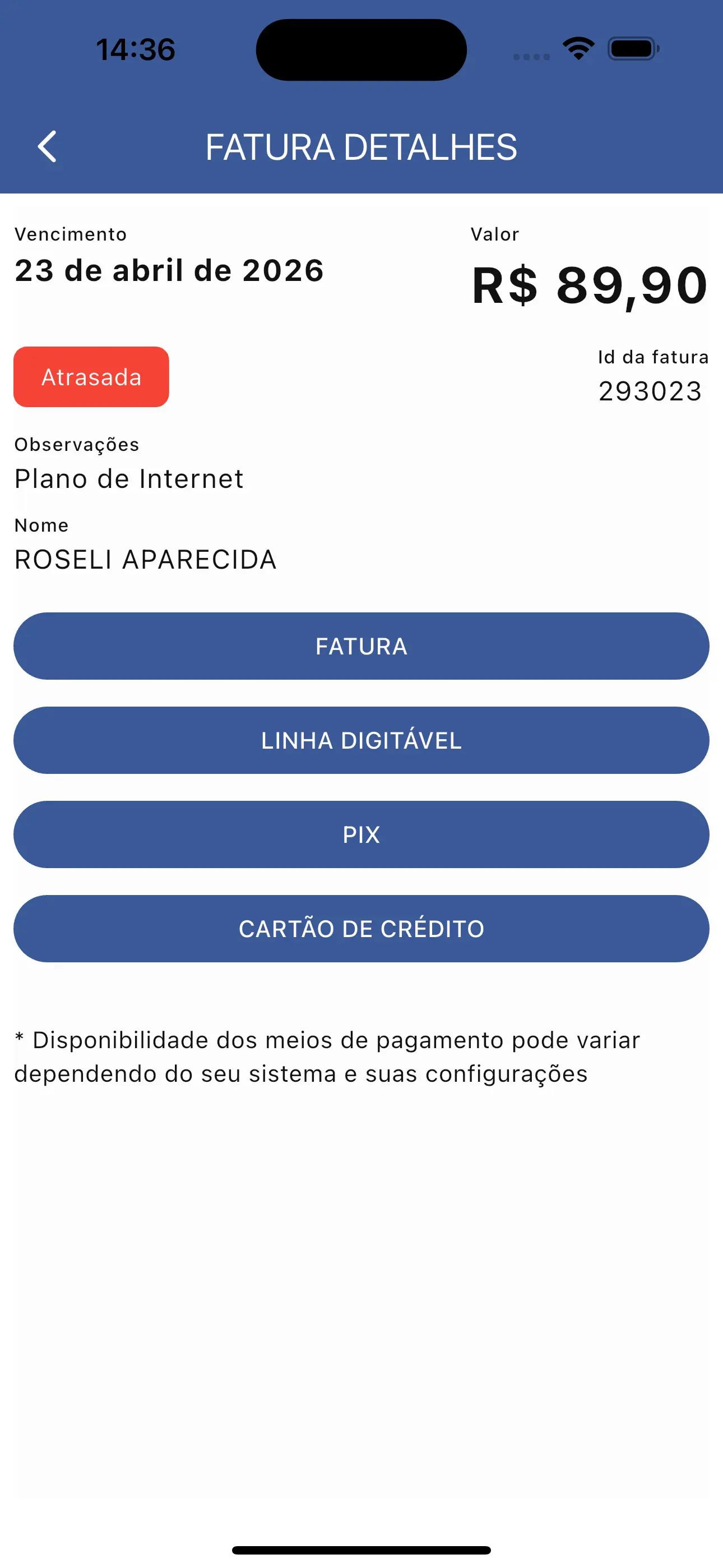 Detalhes da fatura com opções de pagamento no aplicativo