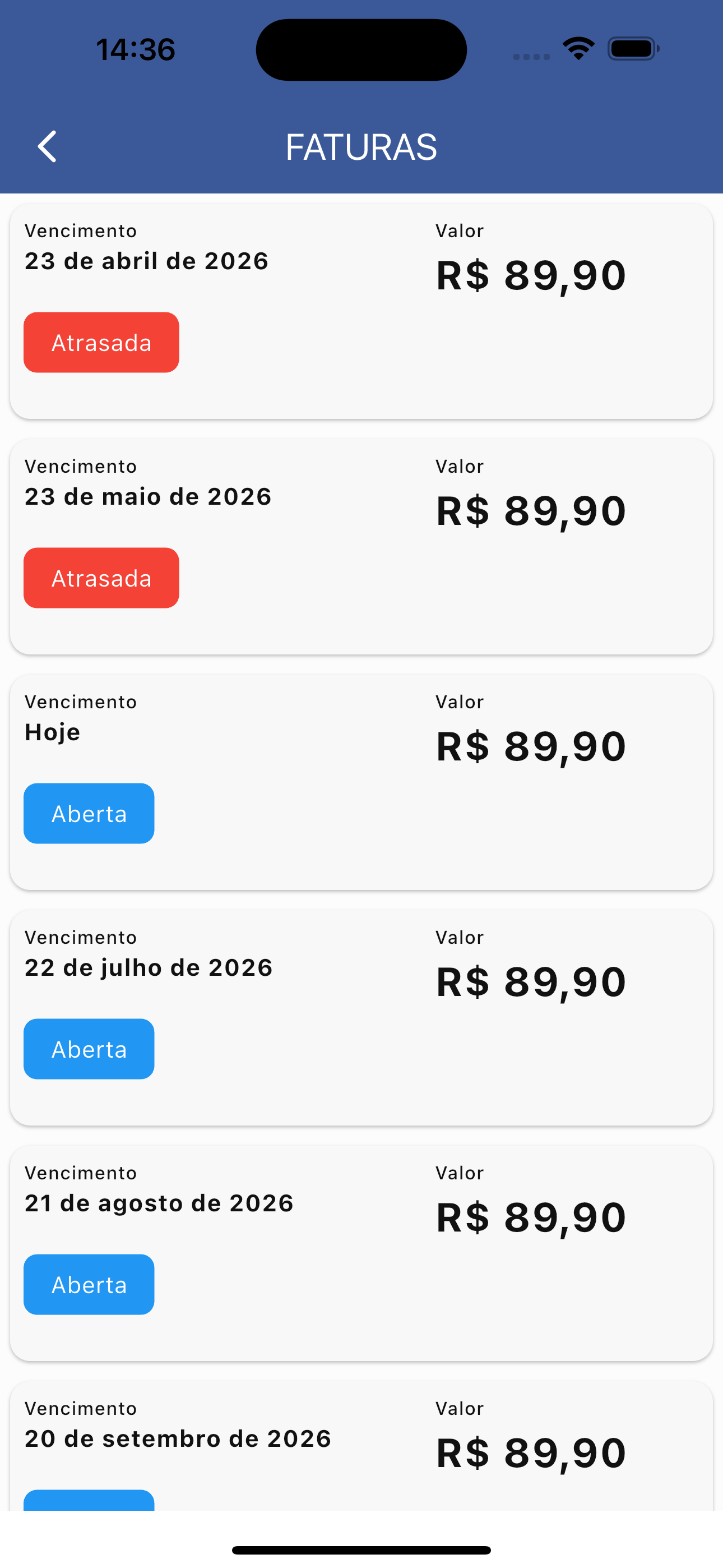 Lista de faturas do assinante no app