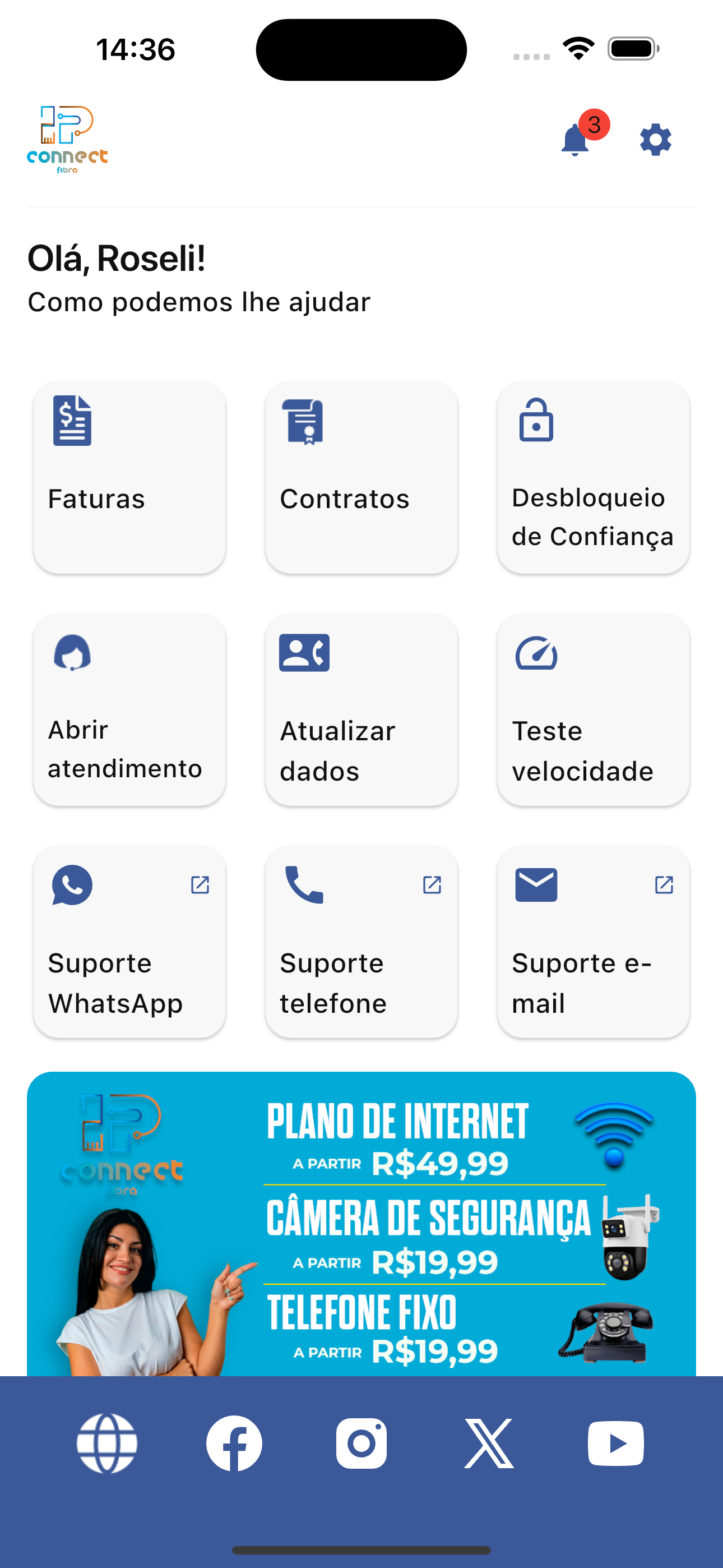Tela inicial do app com atalhos para faturas, contratos e suporte