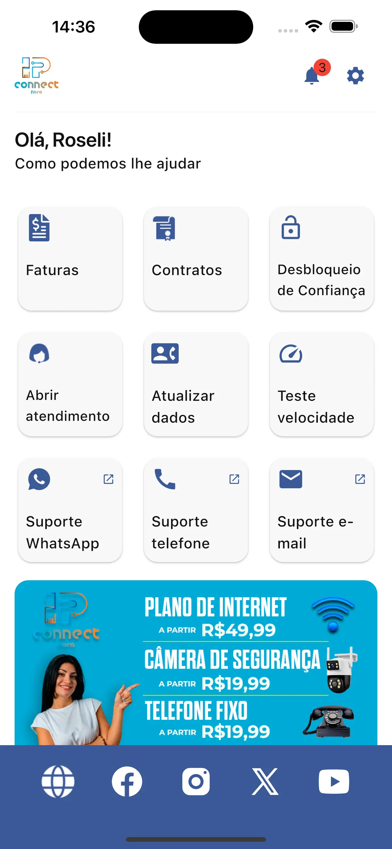 Tela inicial do app do assinante com faturas, contratos e suporte
